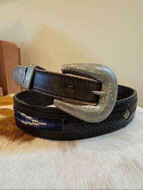 Vintage Tony Lama Black Leather Western Belt with Blue & White Beadwork